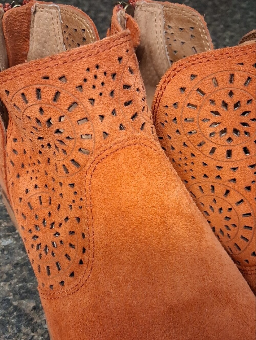 Women’s Sofft Suede Ankle Booties in Orange - Perforated Detail - Picture 3 of 5